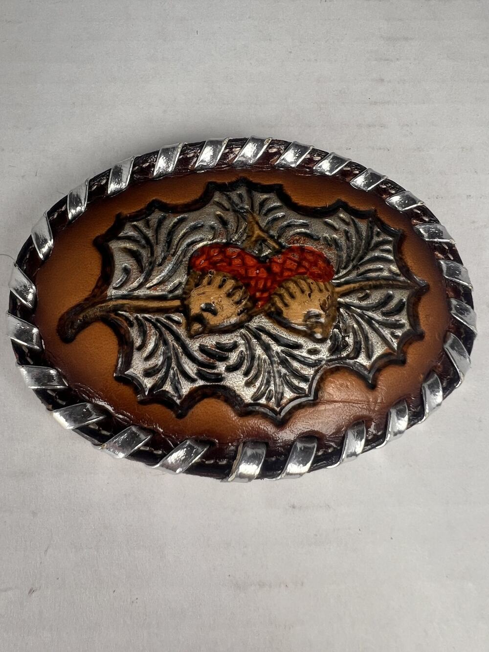 Vintage Tony Lama Tooled Leather Acorn Belt Buckle USA